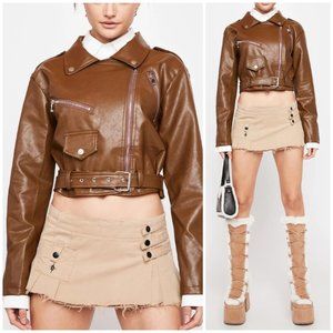 NWT Dolls Kill Vegan Collared Moto Jacket Brown Fall Festivals Outdoor Kawaii L